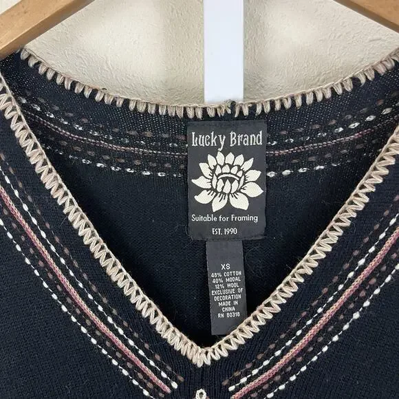 Lucky Brand XS Boho Embroidered Knit Tunic 3/4 Sleeve Flare Hem Top - Picture 3 of 3